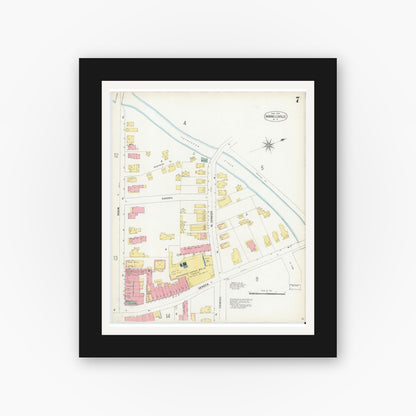 Old map wall art mockup — black gallery frame with white mat — Sanborn Fire Insurance Map from Hornell, Steuben County, New York (1904), Sheet #0007