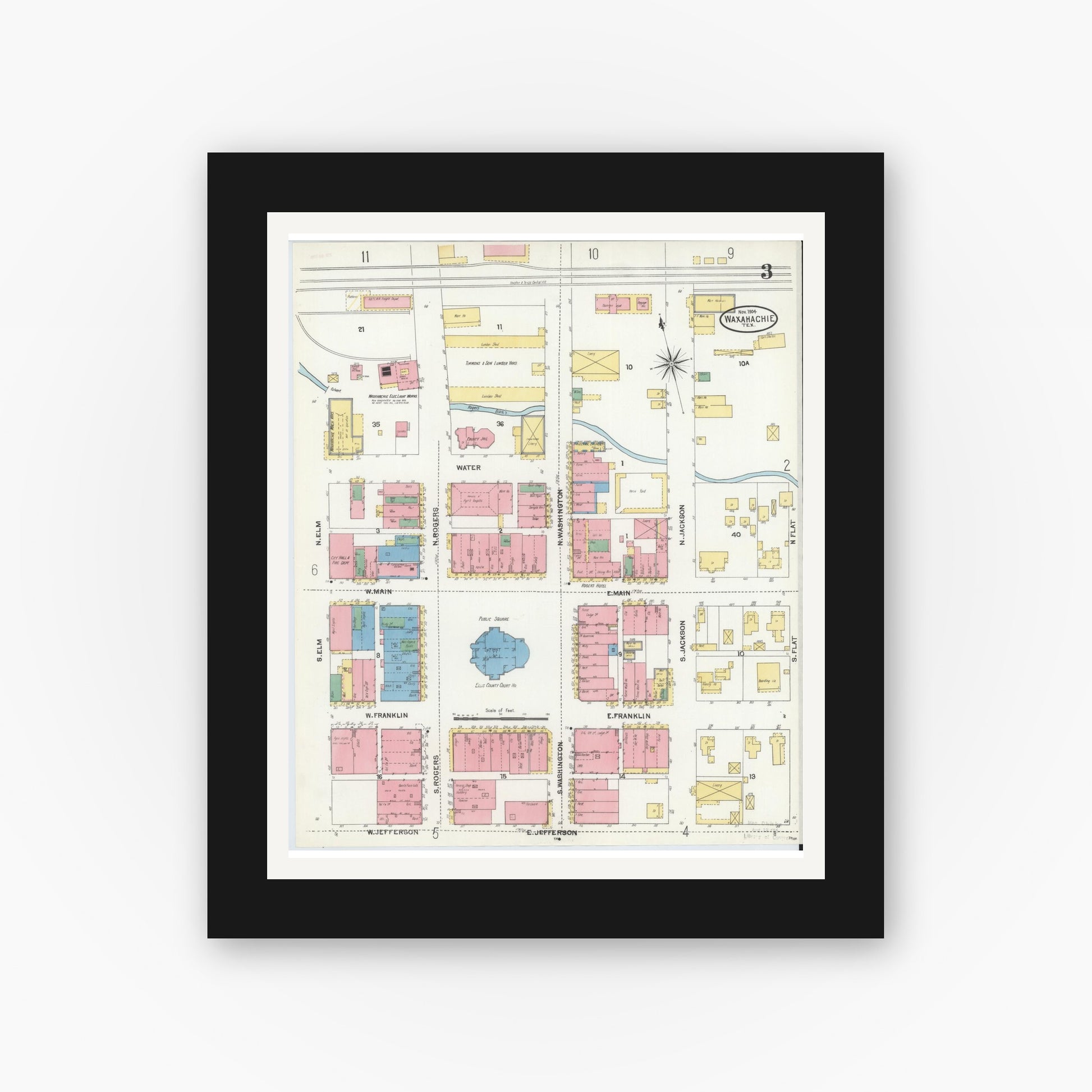 Old map wall art mockup — black gallery frame with white mat — Sanborn Fire Insurance Map from Waxahachie, Ellis County, Texas (1904), Sheet #0003