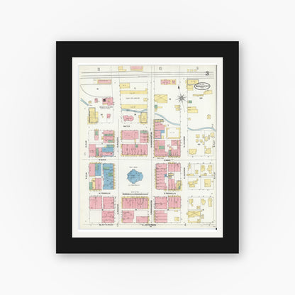 Old map wall art mockup — black gallery frame with white mat — Sanborn Fire Insurance Map from Waxahachie, Ellis County, Texas (1904), Sheet #0003