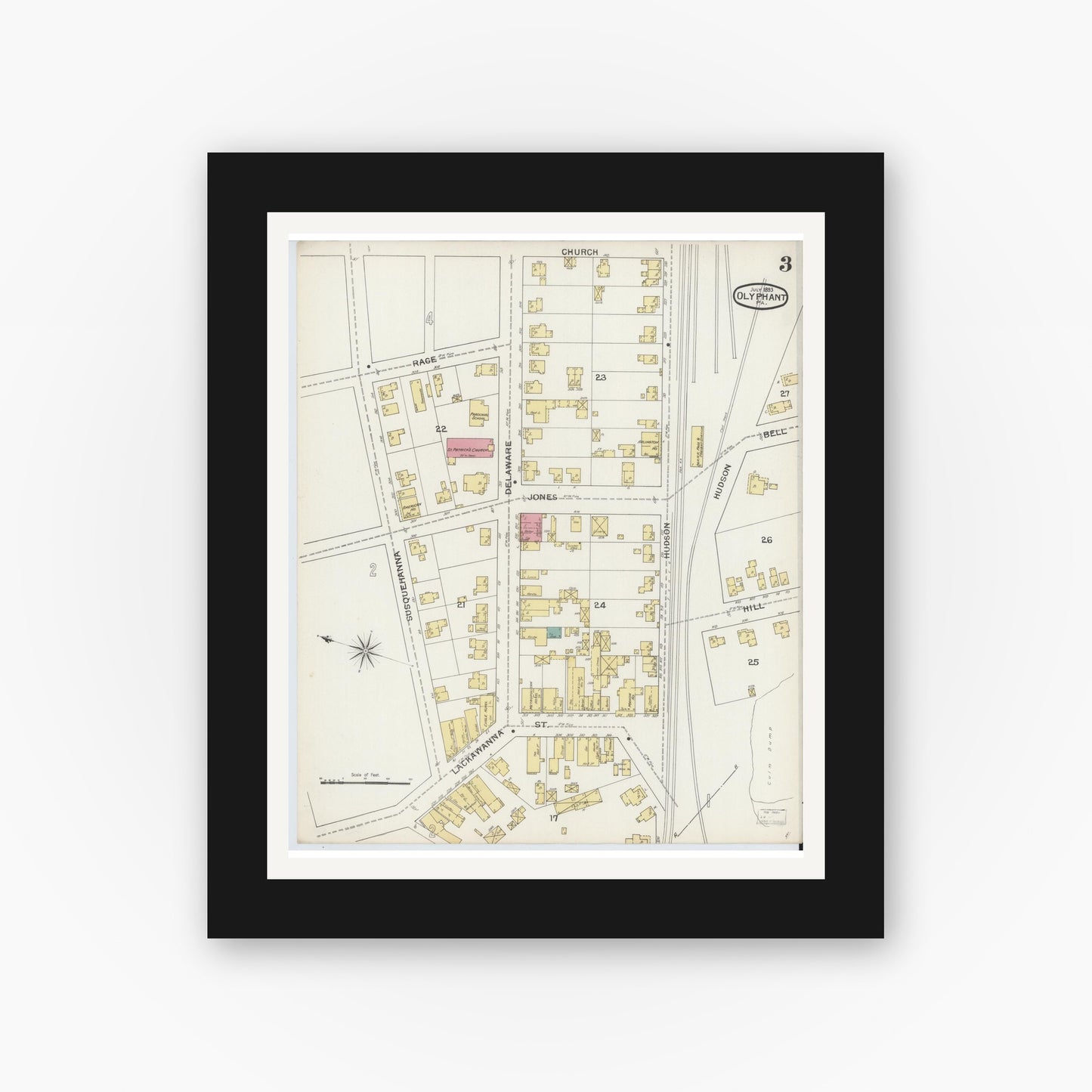 Old map wall art mockup — black gallery frame with white mat — Sanborn Fire Insurance Map from Olyphant, Lackawanna County, Pennsylvania (1893), Sheet #0003