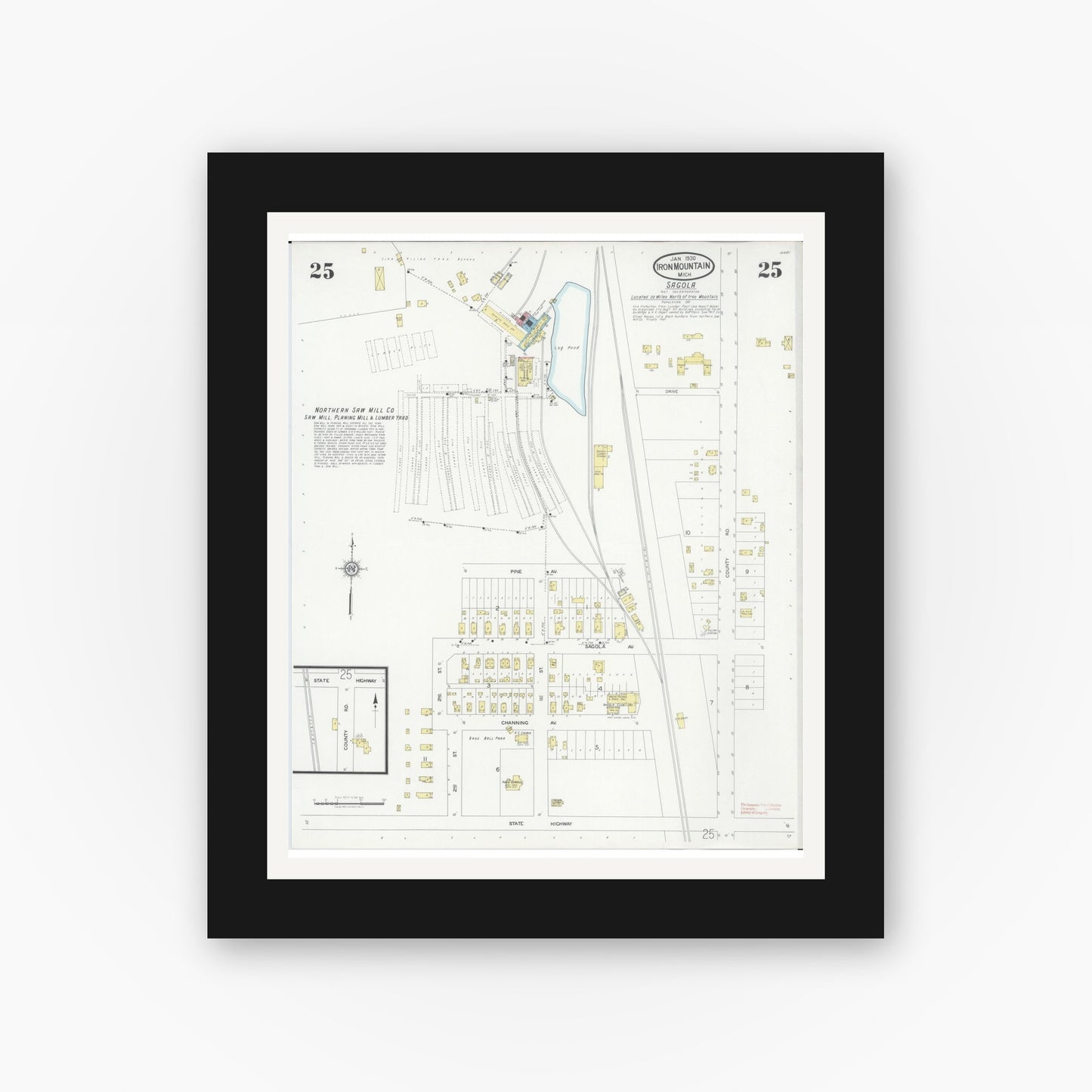 Old map wall art mockup — black gallery frame with white mat — Sanborn Fire Insurance Map from Iron Mountain, Dickinson County, Michigan (1930), Sheet #0025