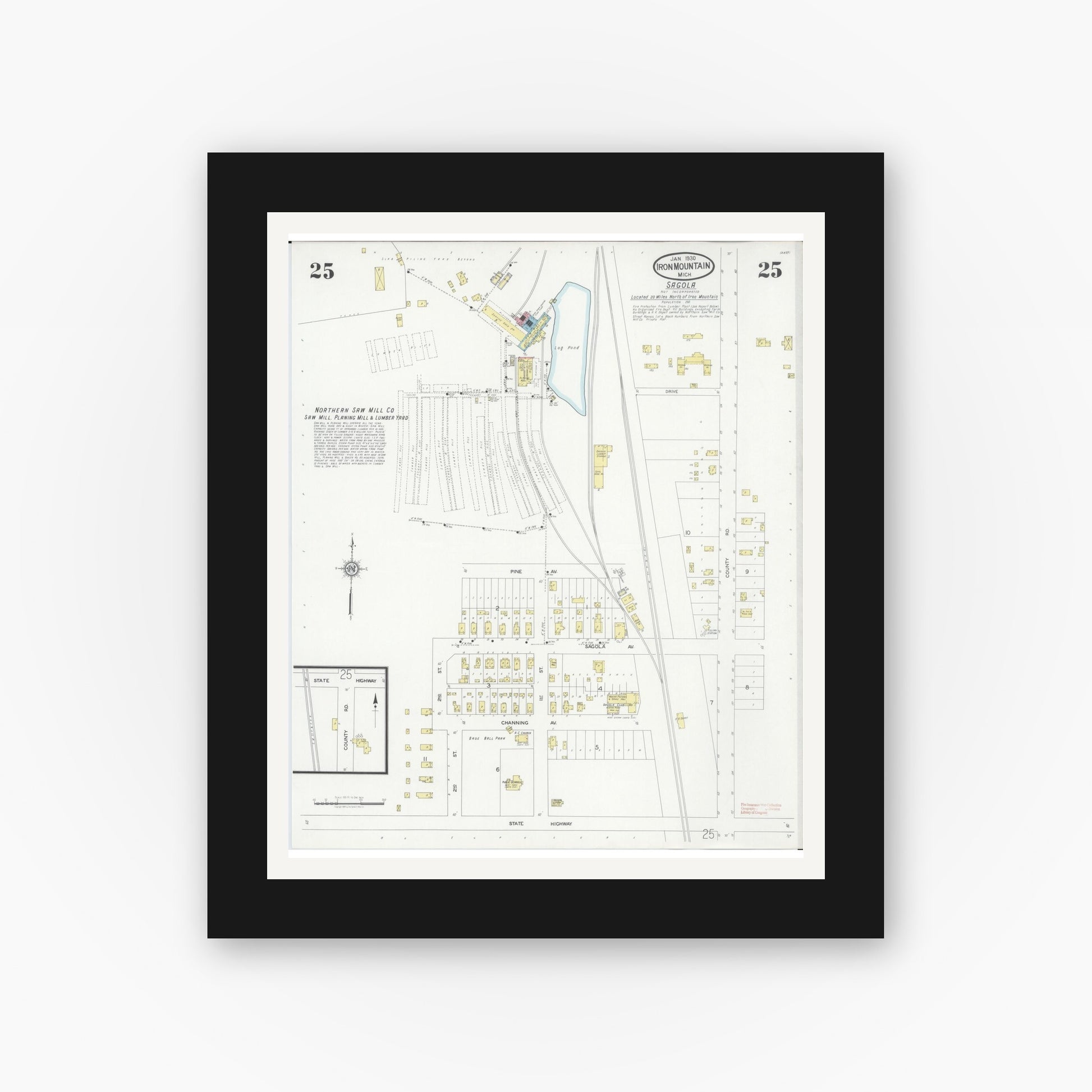 Old map wall art mockup — black gallery frame with white mat — Sanborn Fire Insurance Map from Iron Mountain, Dickinson County, Michigan (1930), Sheet #0025