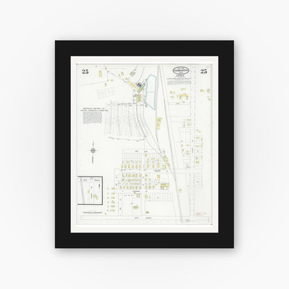 Old map wall art mockup — black gallery frame with white mat — Sanborn Fire Insurance Map from Iron Mountain, Dickinson County, Michigan (1930), Sheet #0025