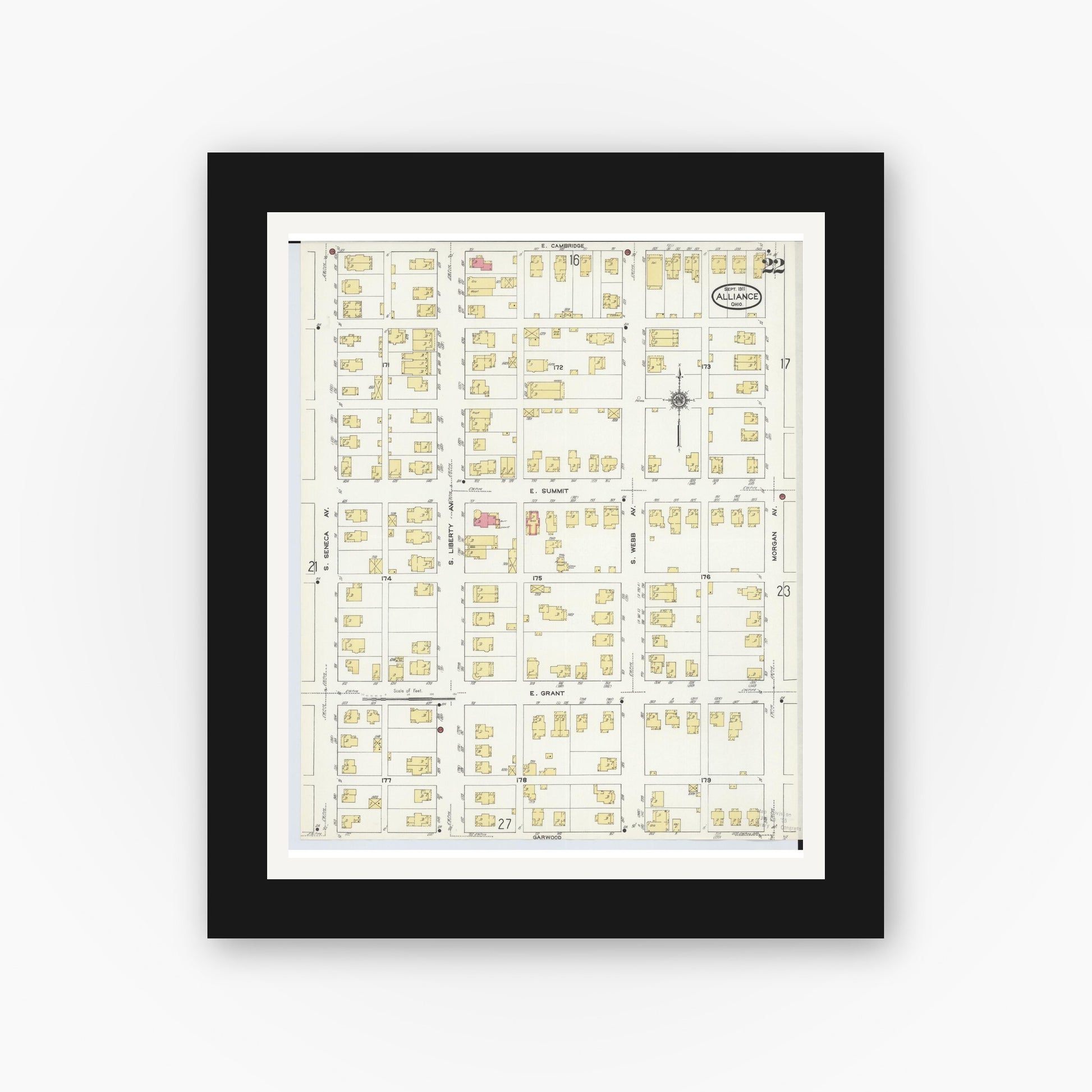 Old map wall art mockup — black gallery frame with white mat — Sanborn Fire Insurance Map from Alliance, Stark County, Ohio (1911), Sheet #0022