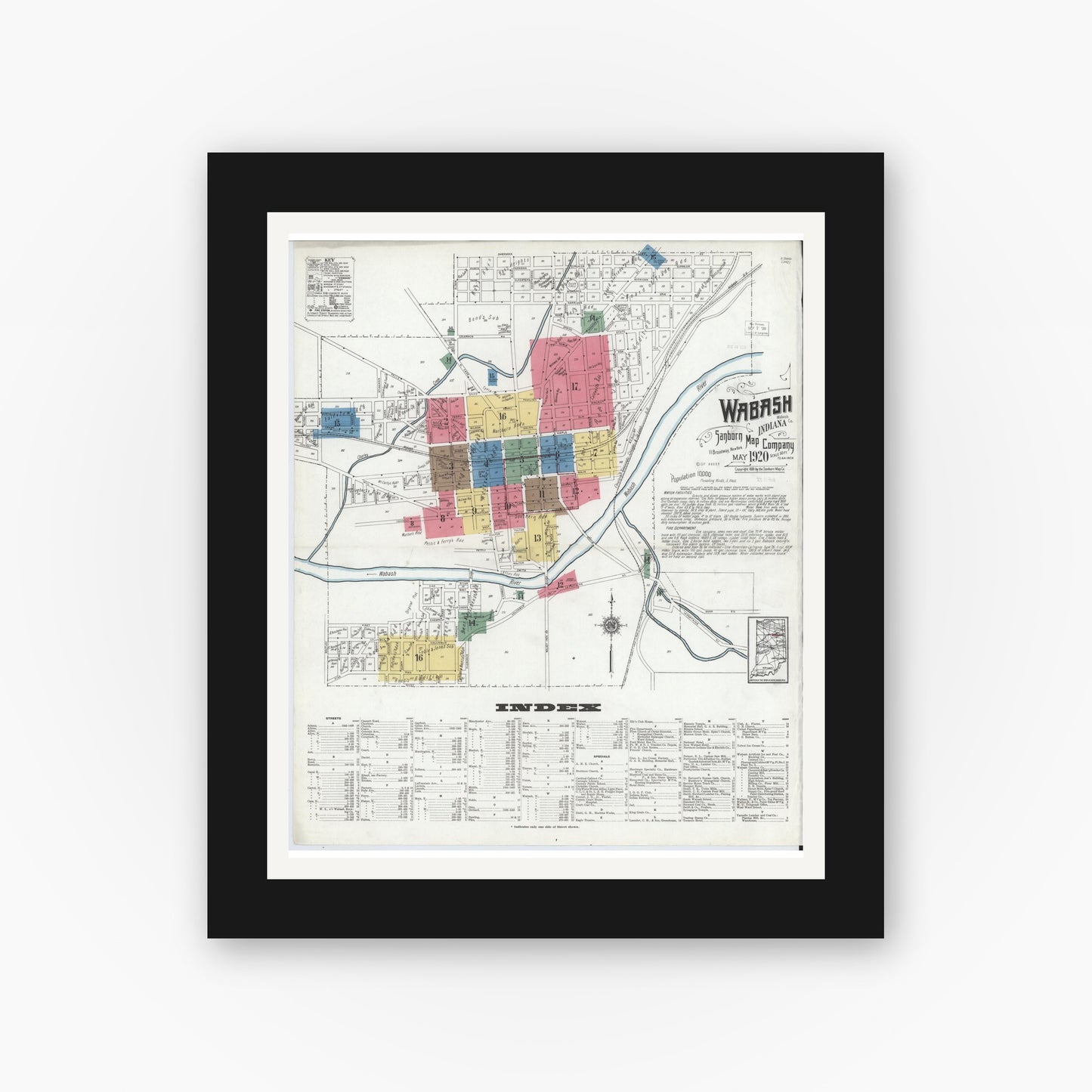 Old map wall art mockup — black gallery frame with white mat — Sanborn Fire Insurance Map from Wabash, Wabash County, Indiana (1920) - Complete Map Set