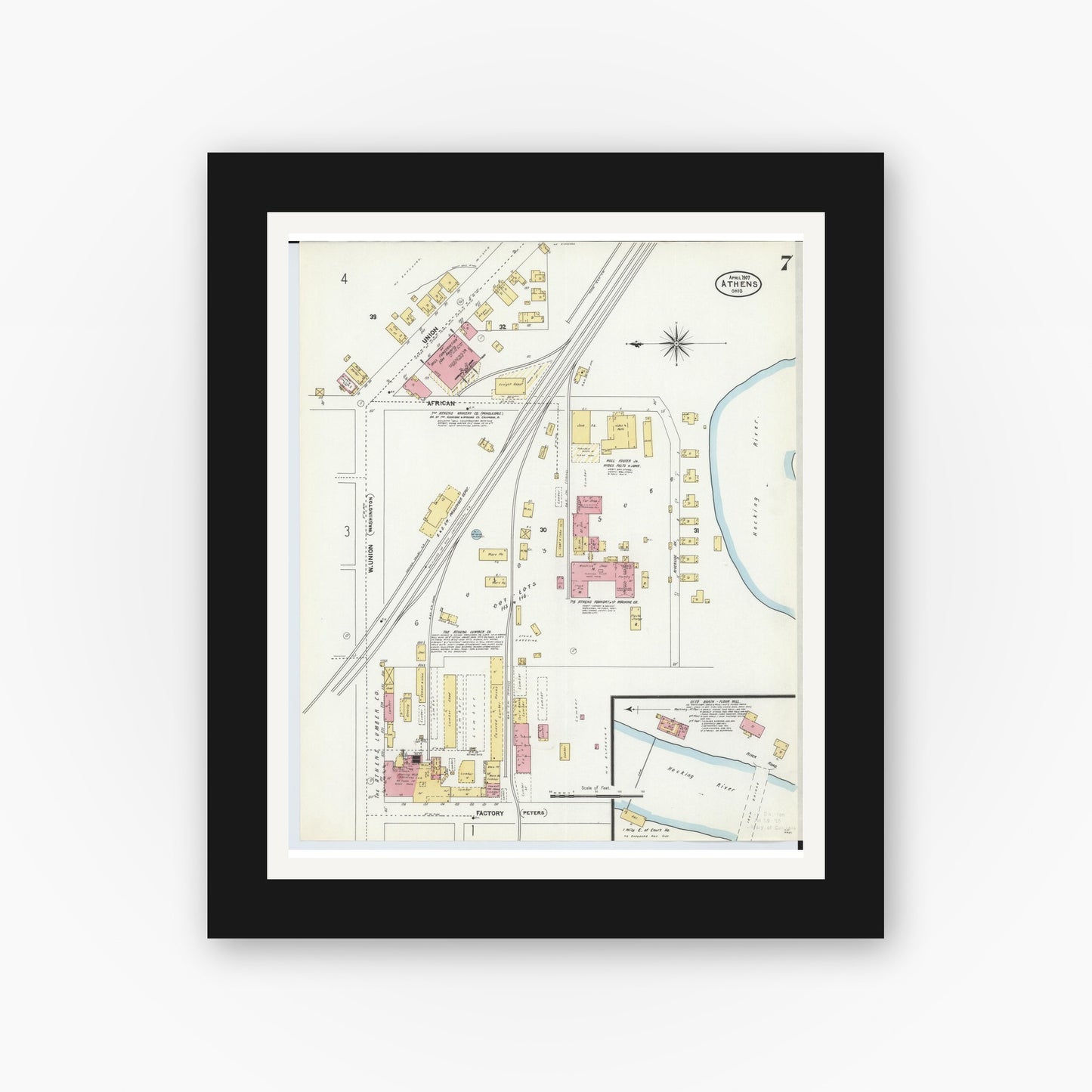Old map wall art mockup — black gallery frame with white mat — Sanborn Fire Insurance Map from Athens, Athens County, Ohio (1907), Sheet #0007