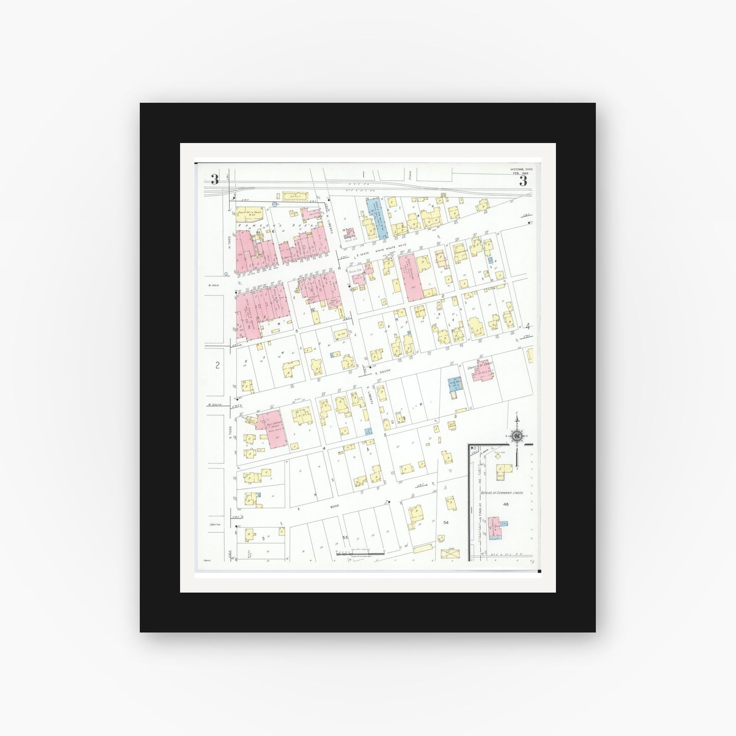 Old map wall art mockup — black gallery frame with white mat — Sanborn Fire Insurance Map from McComb, Hancock County, Ohio (1946), Sheet #0003