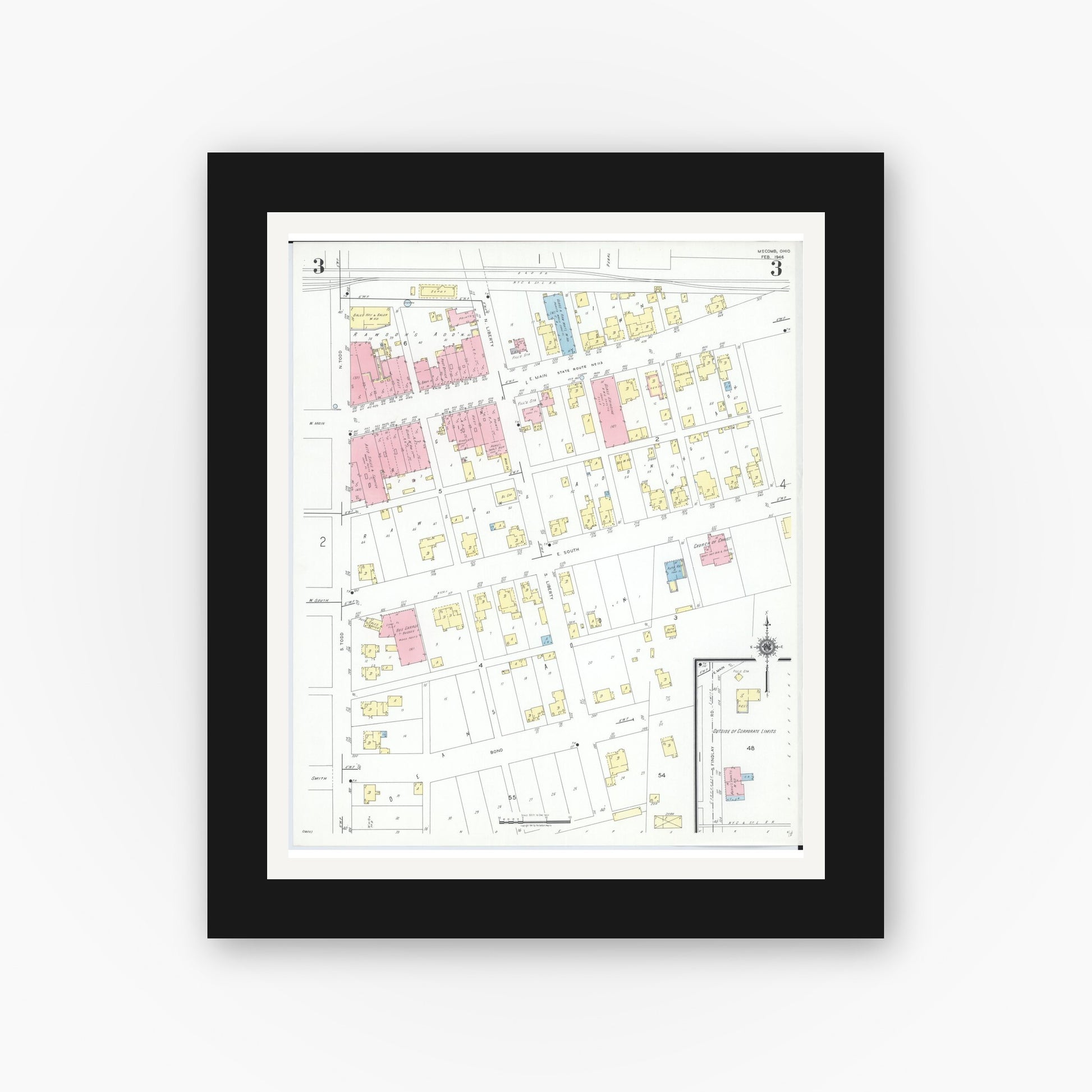 Old map wall art mockup — black gallery frame with white mat — Sanborn Fire Insurance Map from McComb, Hancock County, Ohio (1946), Sheet #0003