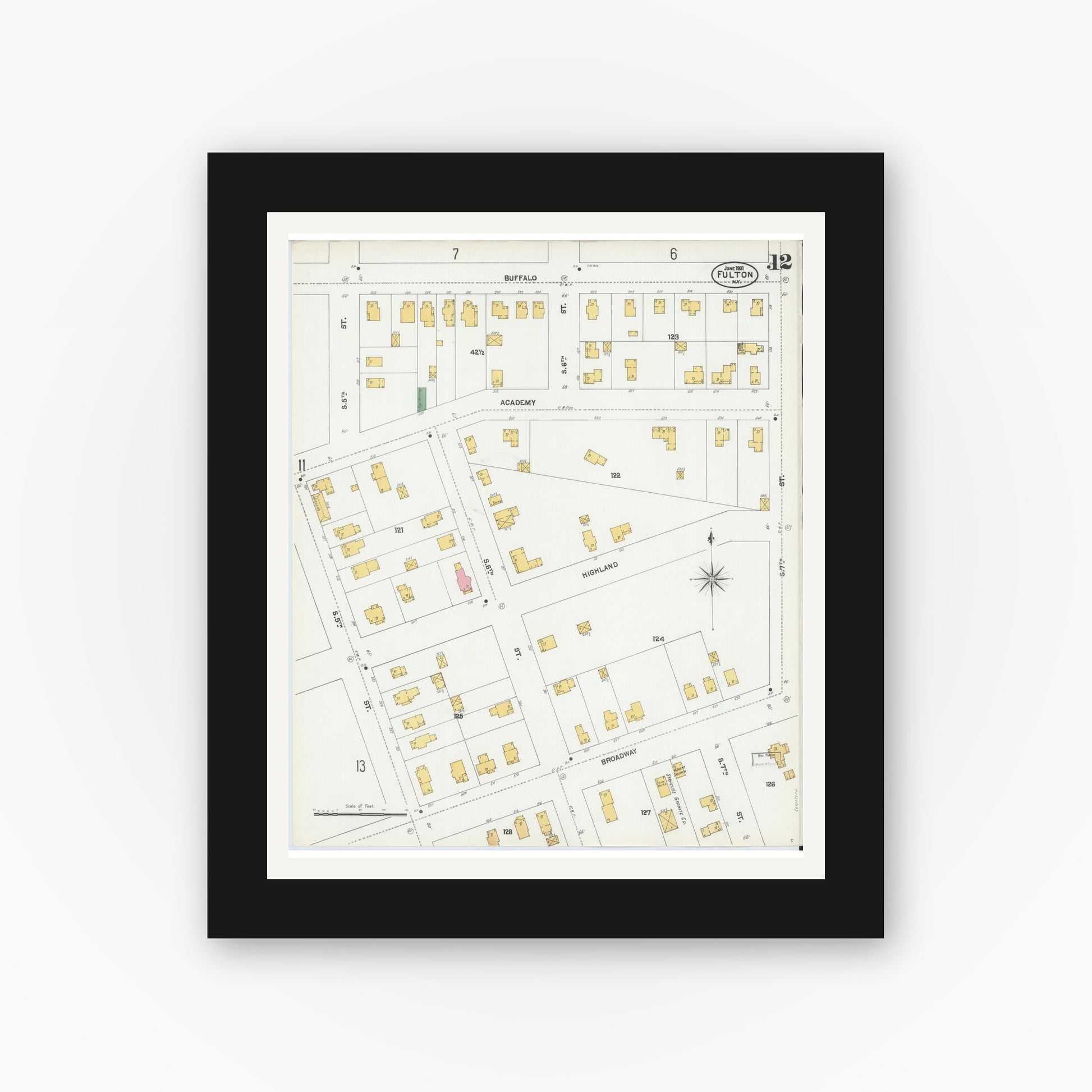 Old map wall art mockup — black gallery frame with white mat — Sanborn Fire Insurance Map from Fulton, Oswego County, New York (1901), Sheet #0012