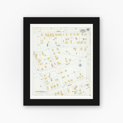 Old map wall art mockup — black gallery frame with white mat — Sanborn Fire Insurance Map from Fulton, Oswego County, New York (1901), Sheet #0012
