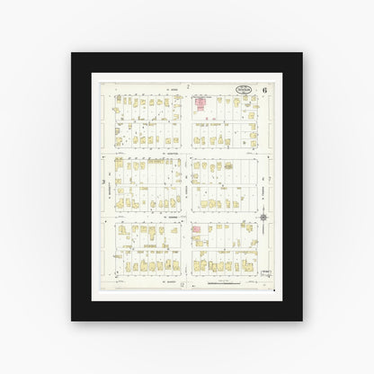 Old map wall art mockup — black gallery frame with white mat — Sanborn Fire Insurance Map from Denison, Grayson County, Texas (1914), Sheet #0006