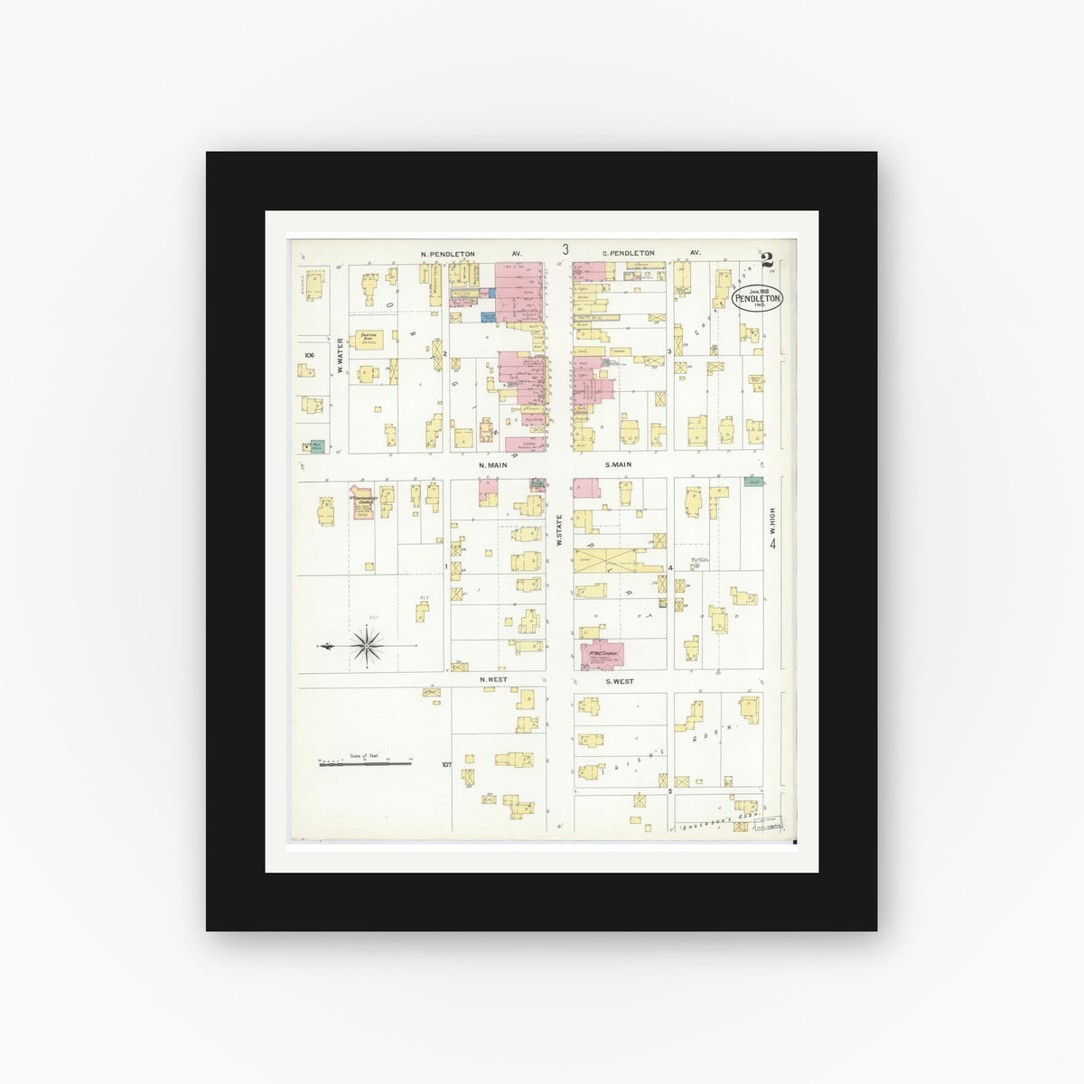 Old map wall art mockup — black gallery frame with white mat — Sanborn Fire Insurance Map from Pendleton, Madison County, Indiana (1908), Sheet #0002