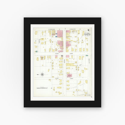 Old map wall art mockup — black gallery frame with white mat — Sanborn Fire Insurance Map from Pendleton, Madison County, Indiana (1908), Sheet #0002