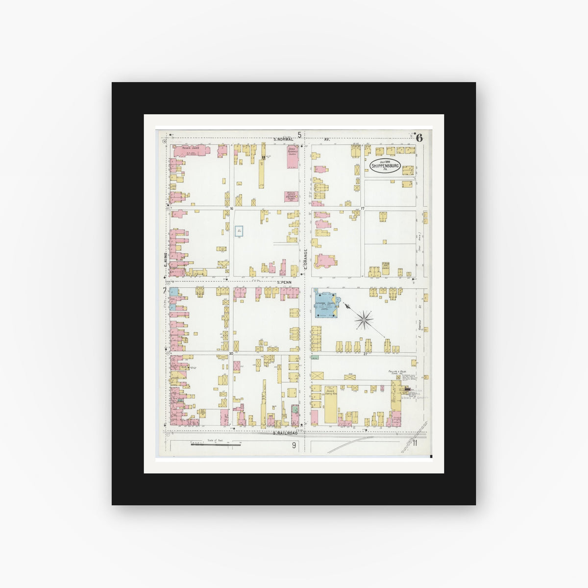 Old map wall art mockup — black gallery frame with white mat — Sanborn Fire Insurance Map from Shippensburg, Cumberland And Franklin Counties, Pennsylvania (1899), Sheet #0006