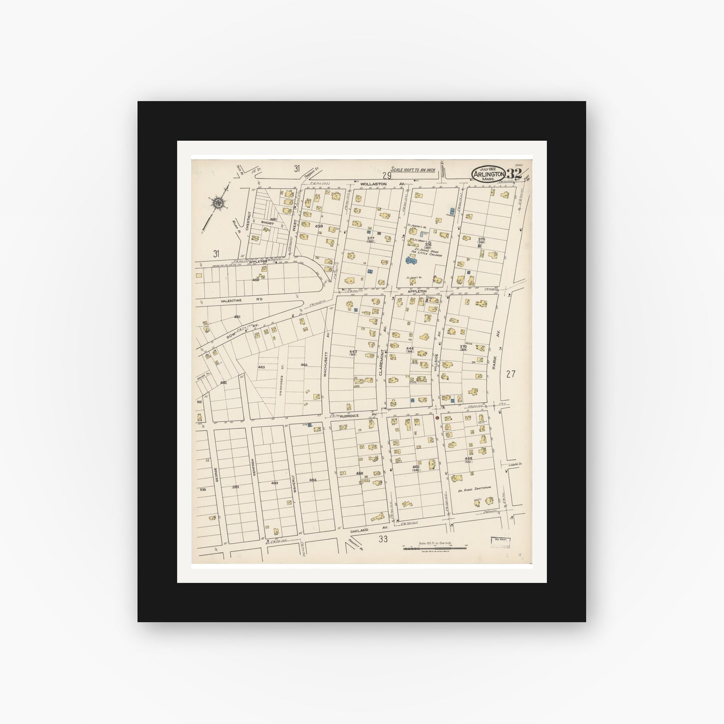 Old map wall art mockup — black gallery frame with white mat — Sanborn Fire Insurance Map from Arlington, Middlesex County, Massachusetts (1922), Sheet #0032