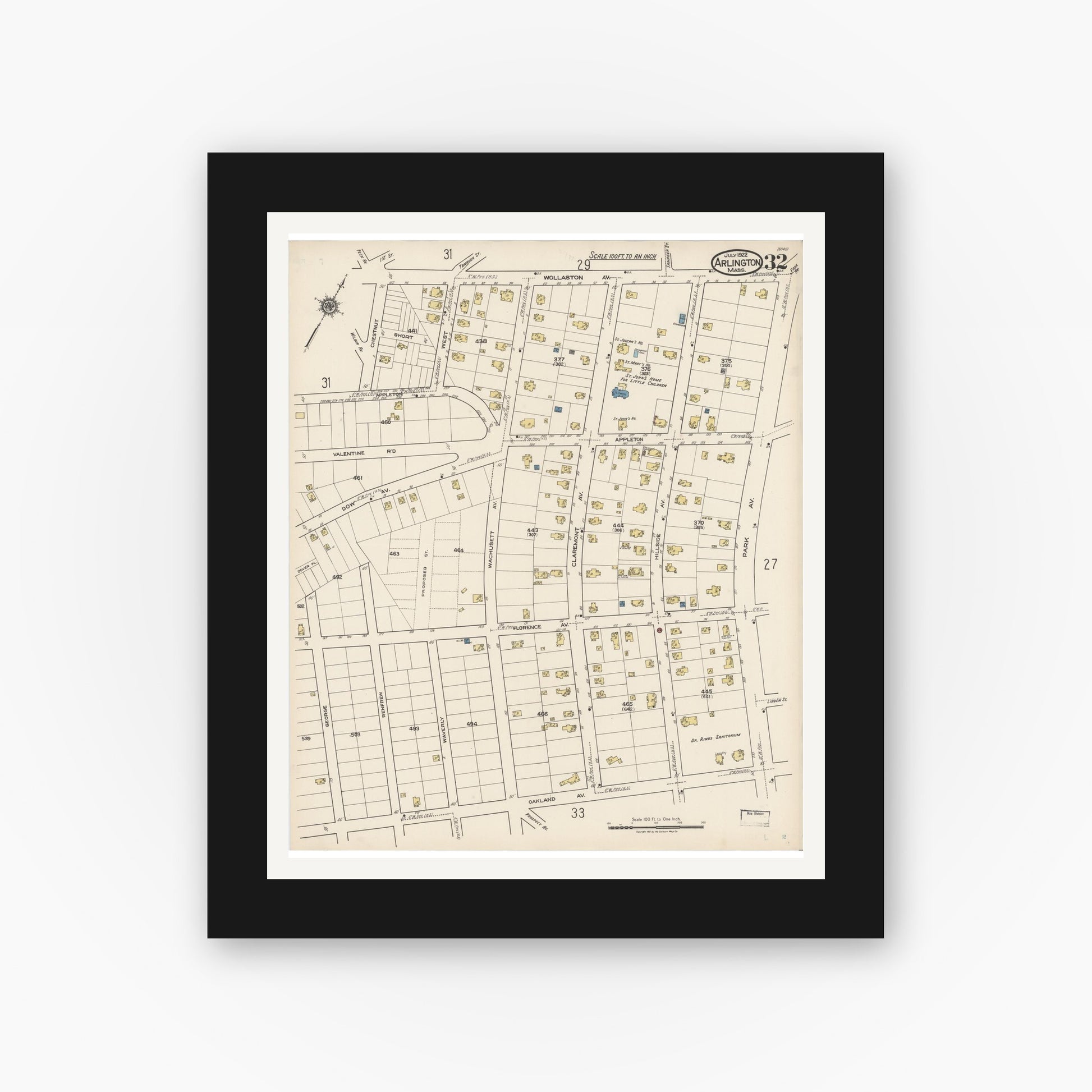Old map wall art mockup — black gallery frame with white mat — Sanborn Fire Insurance Map from Arlington, Middlesex County, Massachusetts (1922), Sheet #0032