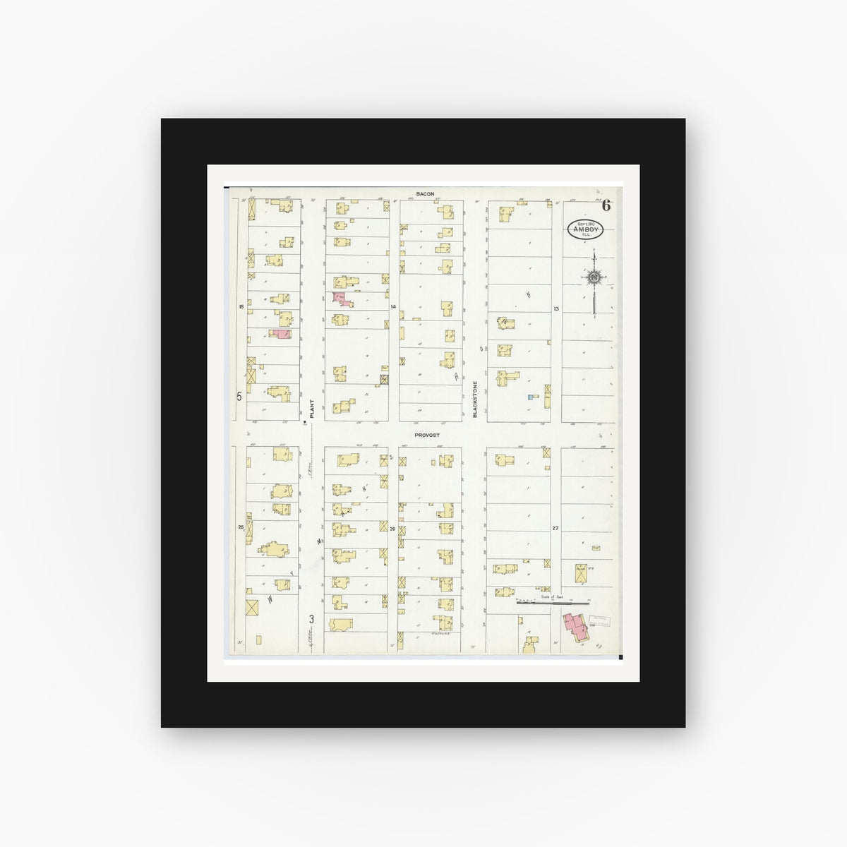 Old map wall art mockup — black gallery frame with white mat — Sanborn Fire Insurance Map from Amboy, Lee County, Illinois (1910), Sheet #0006