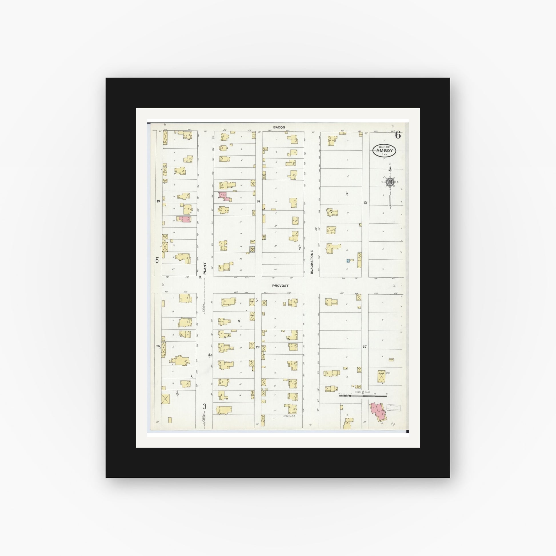 Old map wall art mockup — black gallery frame with white mat — Sanborn Fire Insurance Map from Amboy, Lee County, Illinois (1910), Sheet #0006