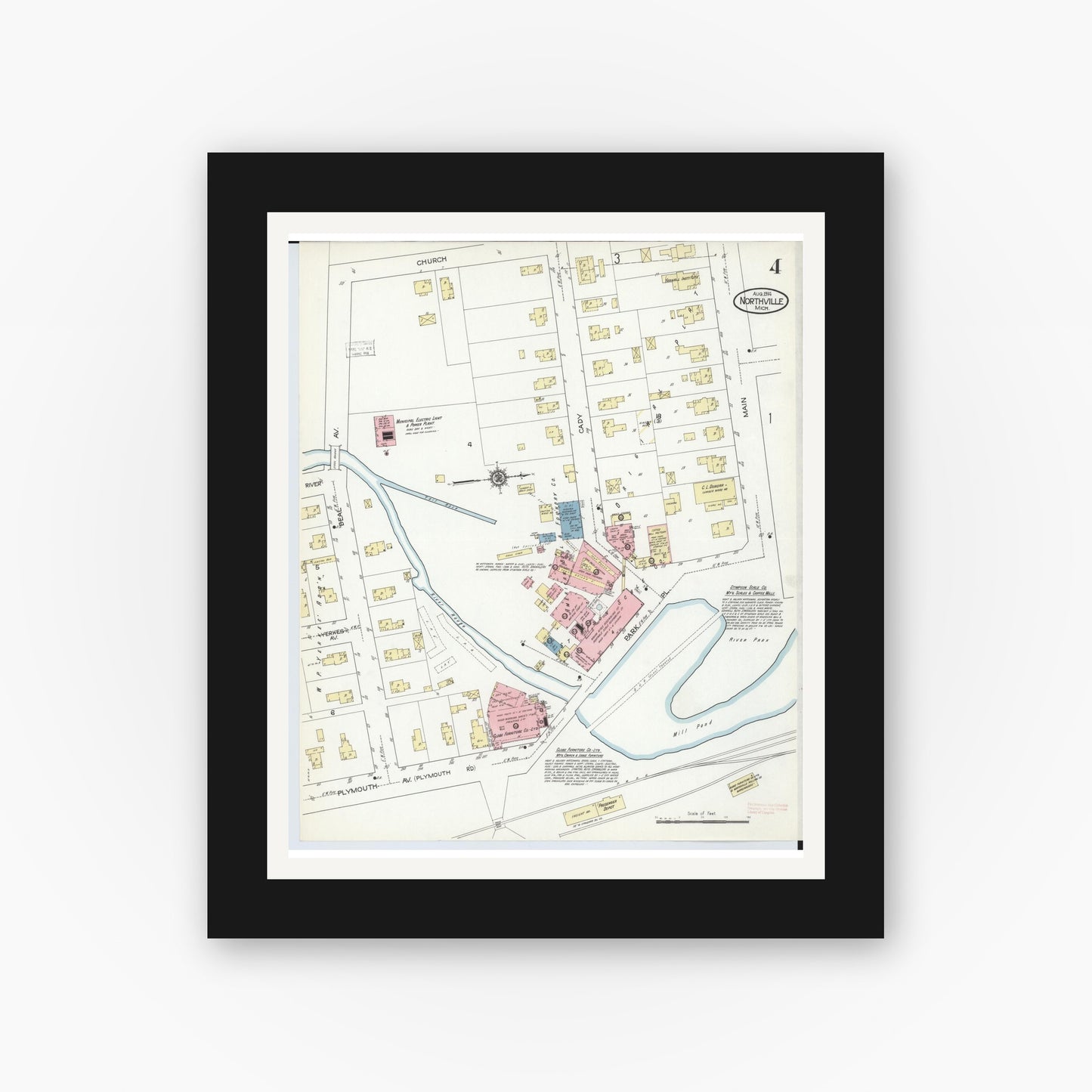 Old map wall art mockup — black gallery frame with white mat — Sanborn Fire Insurance Map from Northville, Wayne County, Michigan (1914), Sheet #0004