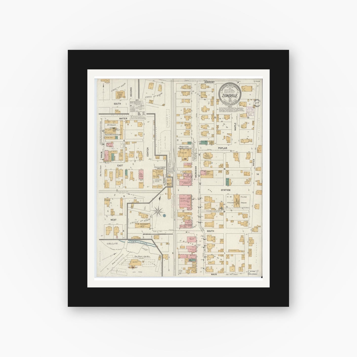 Old map wall art mockup — black gallery frame with white mat — Sanborn Fire Insurance Map from Zionsville, Boone County, Indiana (1902), Sheet #0001
