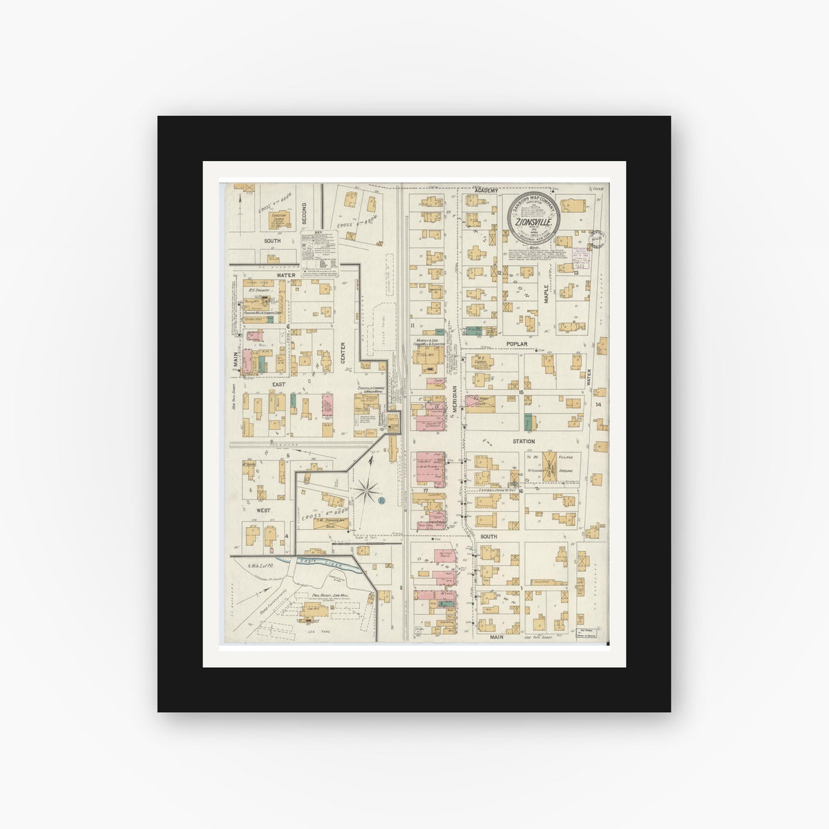Old map wall art mockup — black gallery frame with white mat — Sanborn Fire Insurance Map from Zionsville, Boone County, Indiana (1902), Sheet #0001