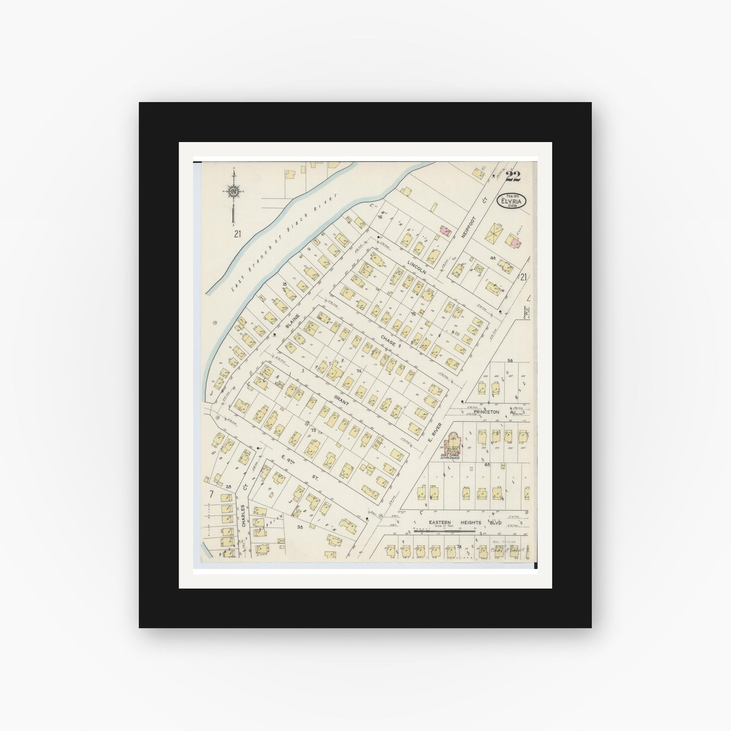 Old map wall art mockup — black gallery frame with white mat — Sanborn Fire Insurance Map from Elyria, Lorain County, Ohio (1915), Sheet #0022
