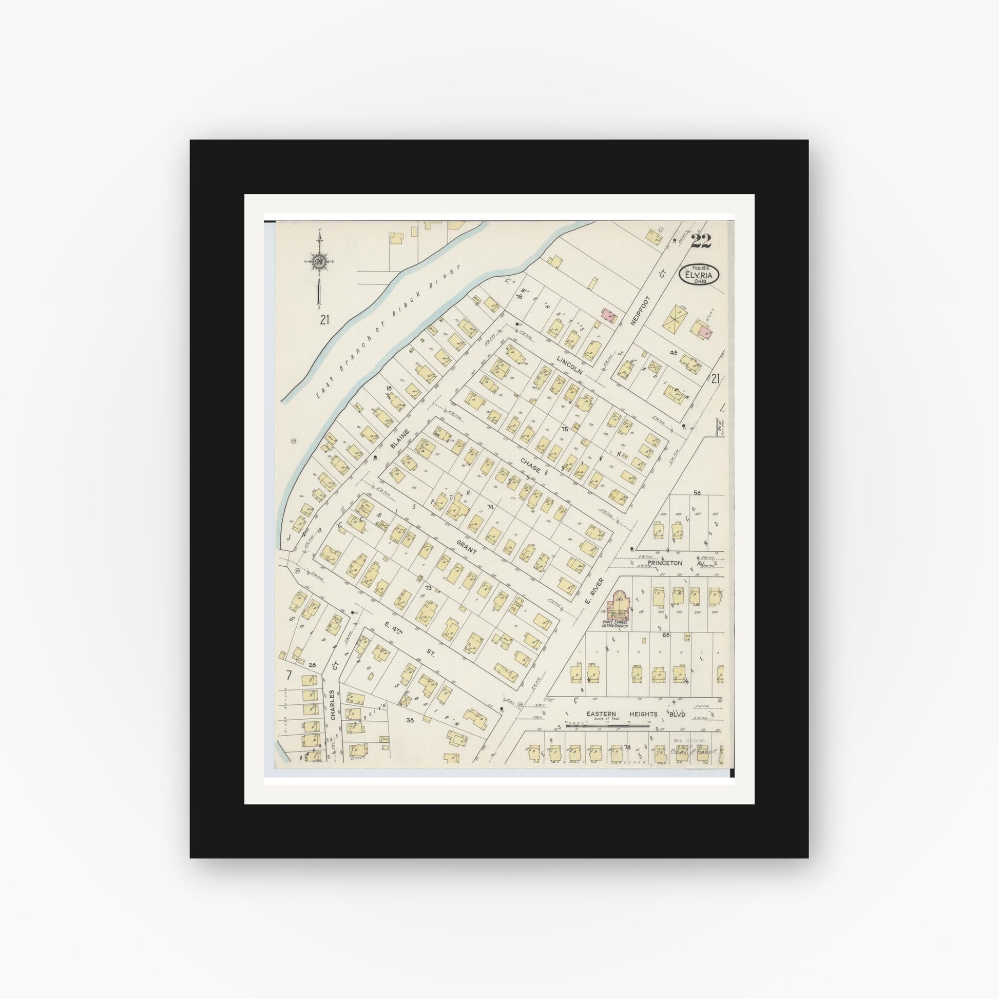 Old map wall art mockup — black gallery frame with white mat — Sanborn Fire Insurance Map from Elyria, Lorain County, Ohio (1915), Sheet #0022