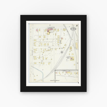Old map wall art mockup — black gallery frame with white mat — Sanborn Fire Insurance Map from Bellefontaine, Logan County, Ohio (1896), Sheet #0009