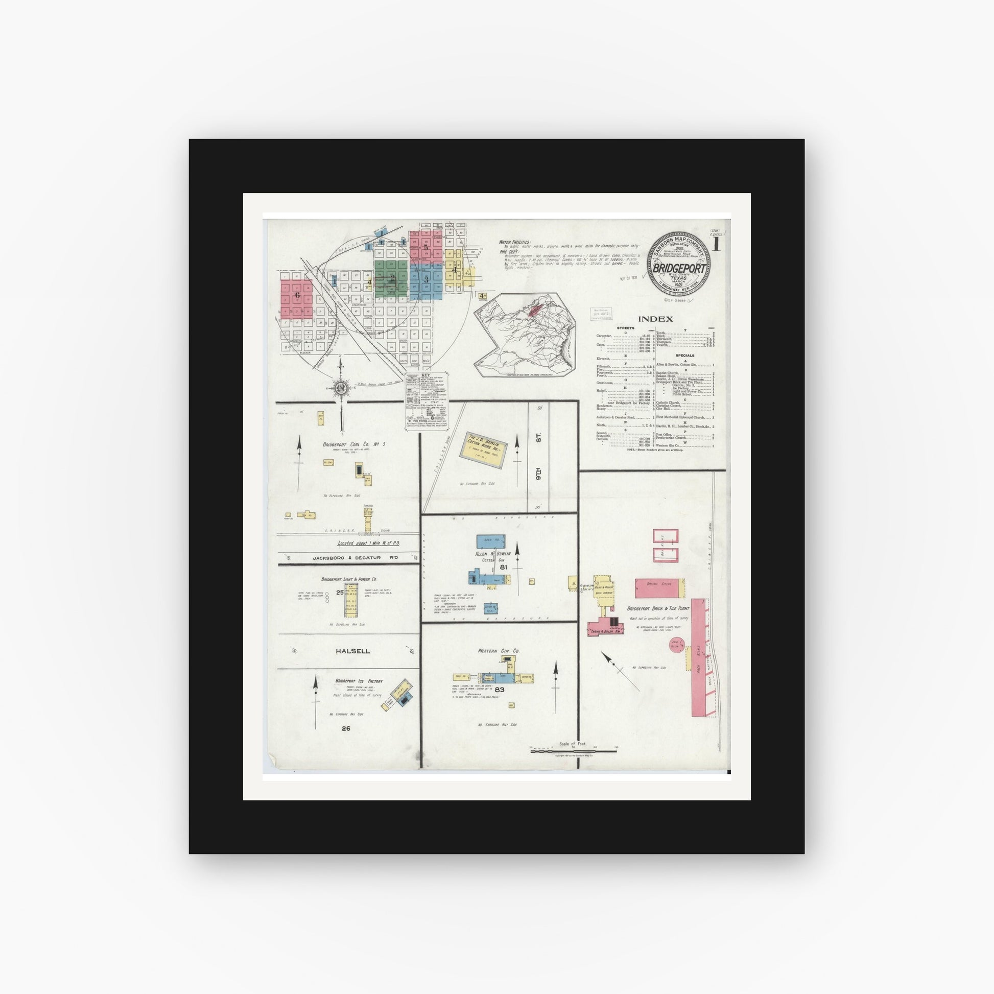 Old map wall art mockup — black gallery frame with white mat — Sanborn Fire Insurance Map from Bridgeport, Wise County, Texas (1921), Sheet #0001