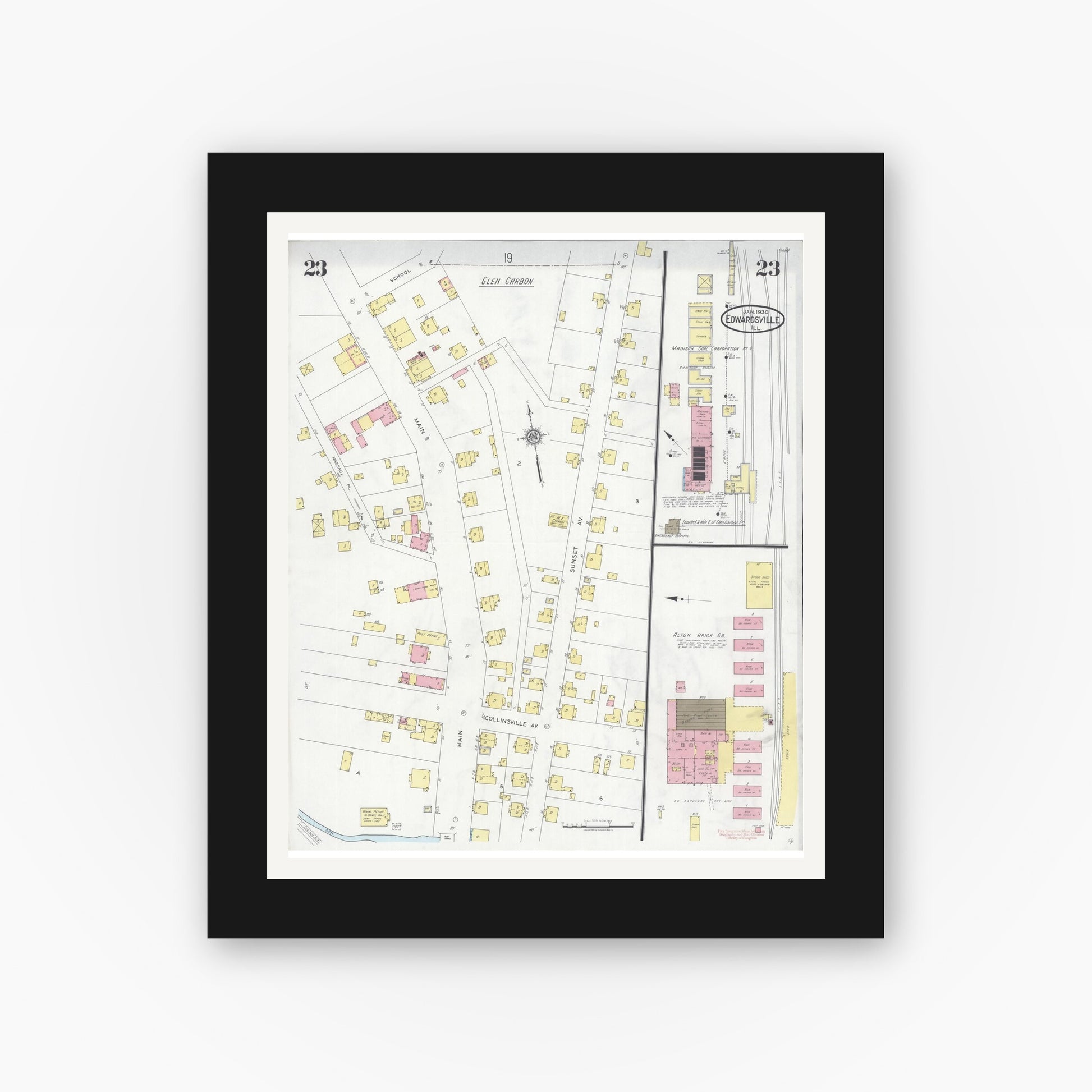 Old map wall art mockup — black gallery frame with white mat — Sanborn Fire Insurance Map from Edwardsville, Madison County, Illinois (1930), Sheet #0023