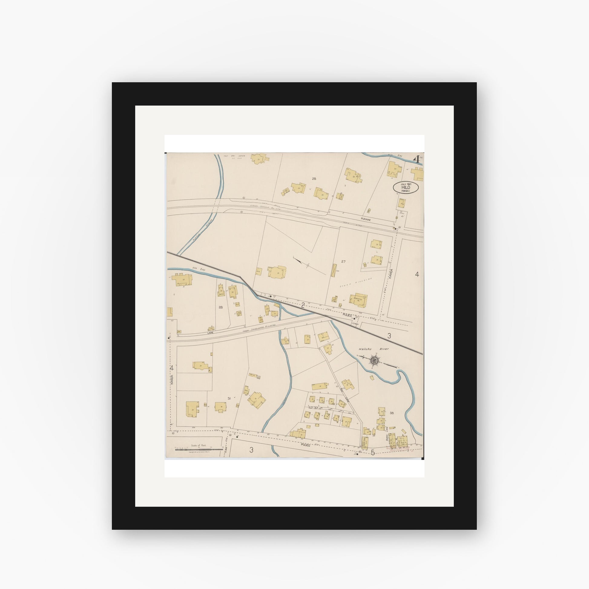 Old map wall art mockup — black gallery frame with white mat — Sanborn Fire Insurance Map from Hilo, Hawaii County, Hawaii (1921), Sheet #0004