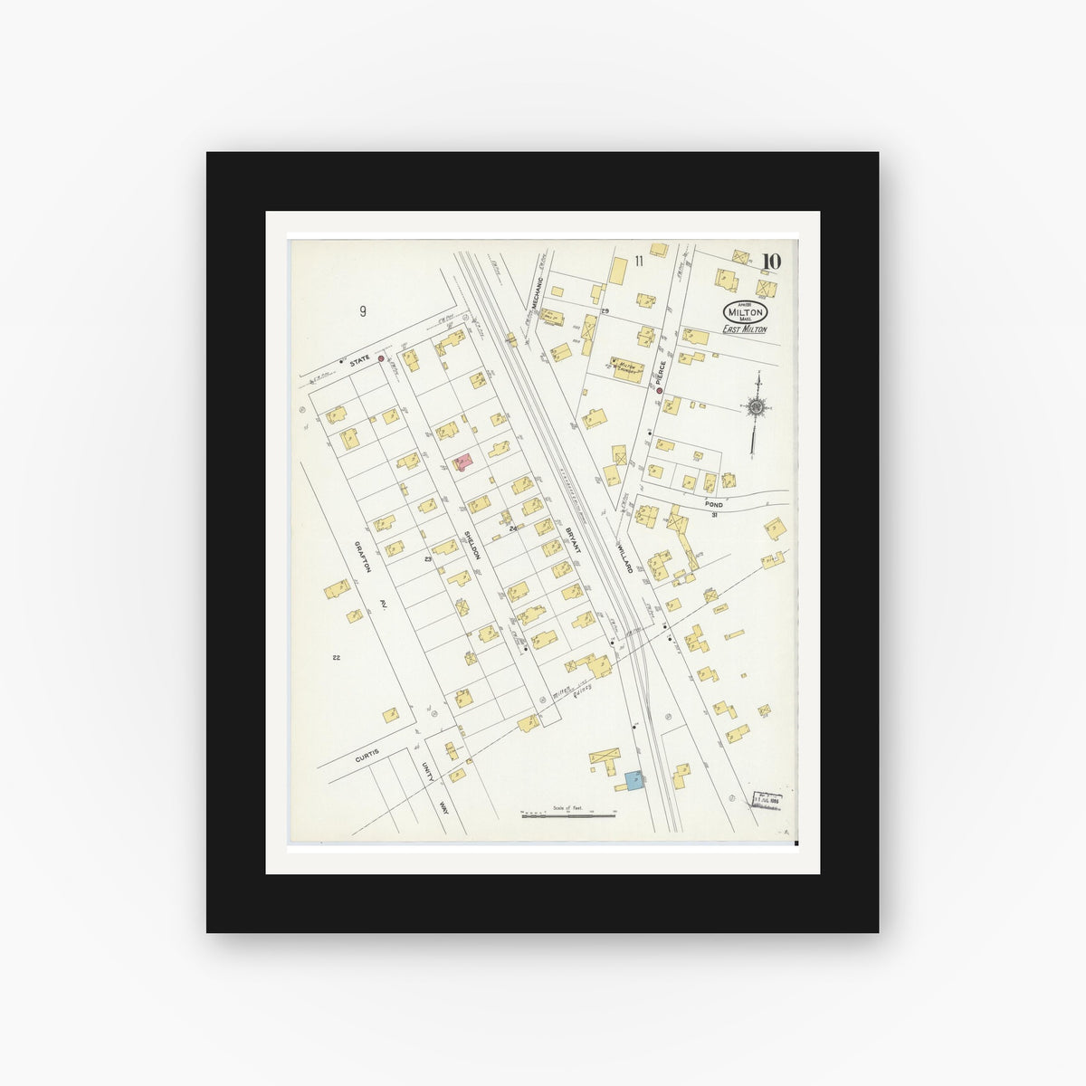 Old map wall art mockup — black gallery frame with white mat — Sanborn Fire Insurance Map from Milton, Norfolk County, Massachusetts (1911), Sheet #0010