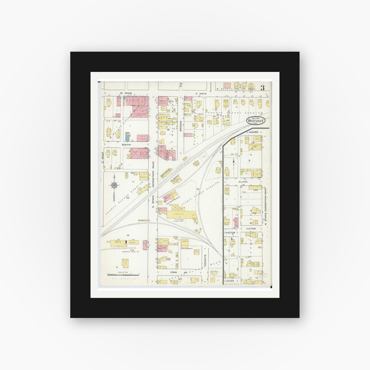 Old map wall art mockup — black gallery frame with white mat — Sanborn Fire Insurance Map from Westville, Vermilion County, Illinois (1915), Sheet #0003