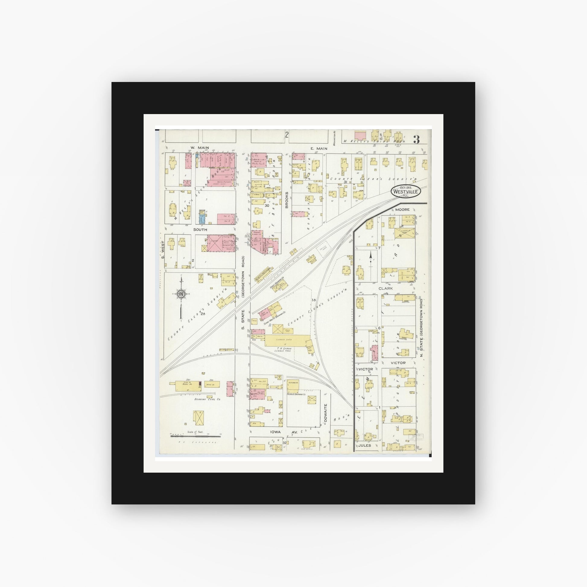 Old map wall art mockup — black gallery frame with white mat — Sanborn Fire Insurance Map from Westville, Vermilion County, Illinois (1915), Sheet #0003