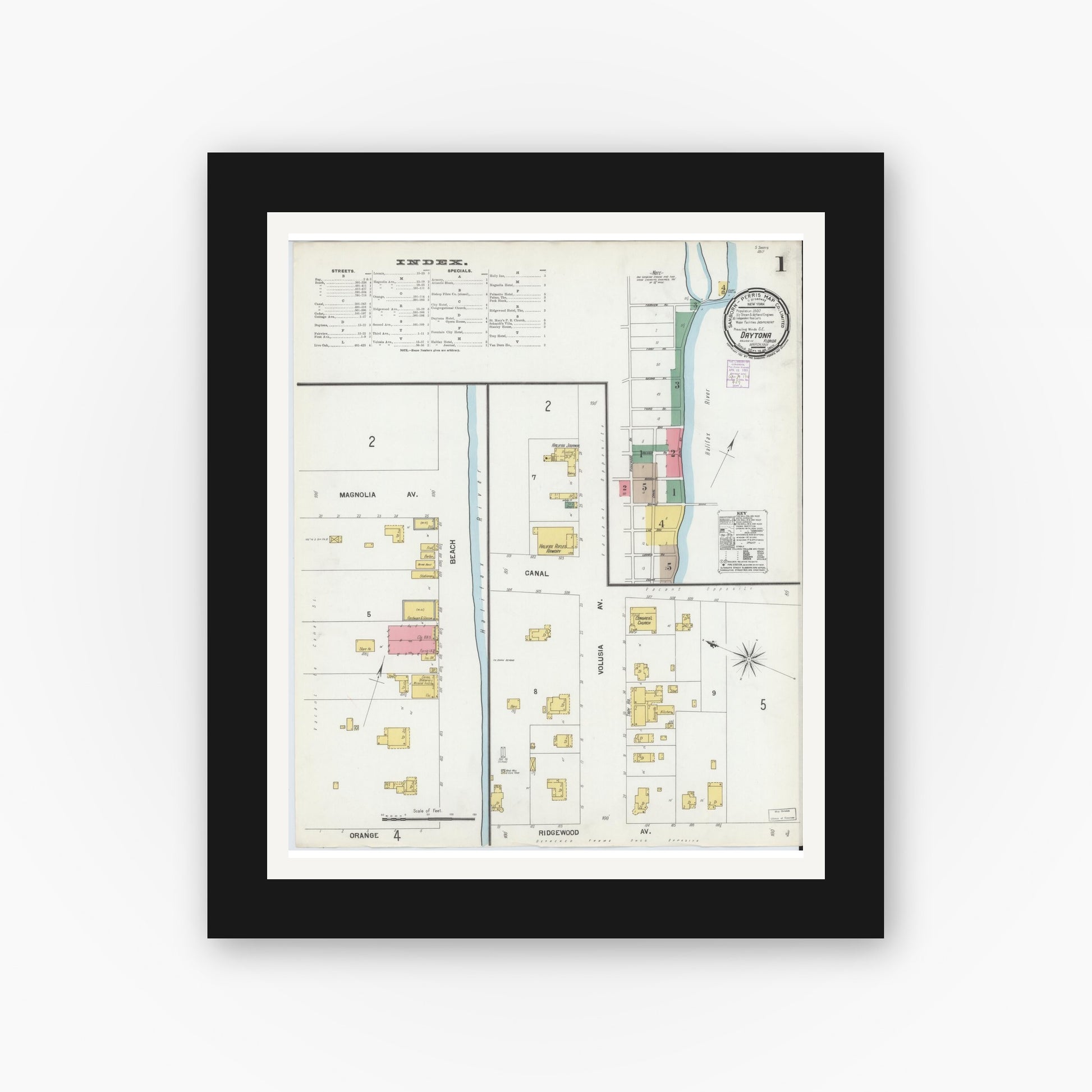 Old map wall art mockup — black gallery frame with white mat — Sanborn Fire Insurance Map from Daytona, Volusia County, Florida (1901) - Complete Map Set