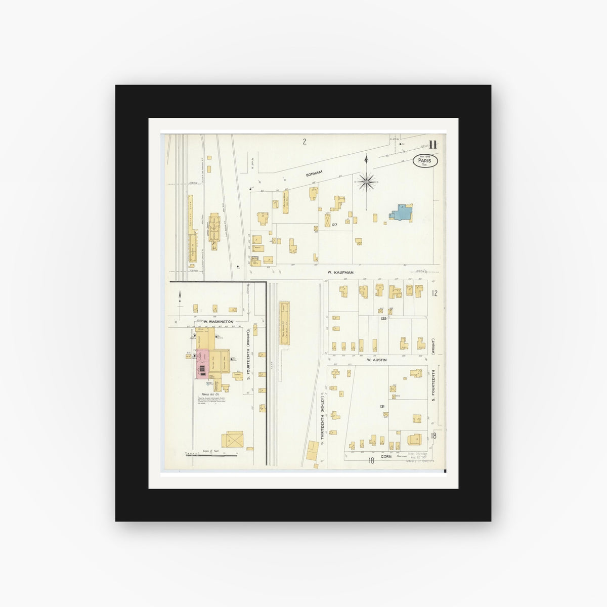 Old map wall art mockup — black gallery frame with white mat — Sanborn Fire Insurance Map from Paris, Lamar County, Texas (1908), Sheet #0011