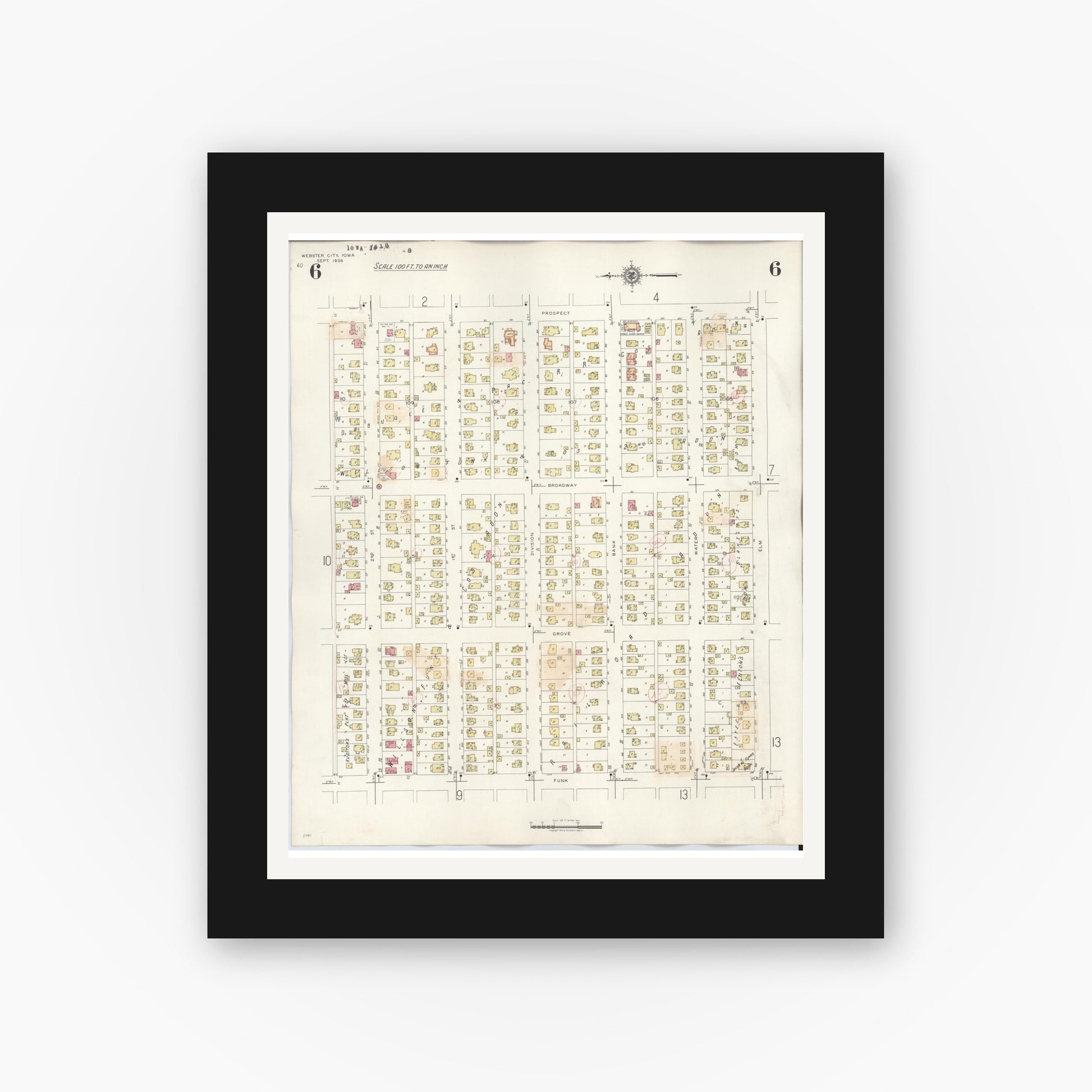 Old map wall art mockup — black gallery frame with white mat — Sanborn Fire Insurance Map from Webster City, Hamilton County, Iowa (1950), Sheet #0006
