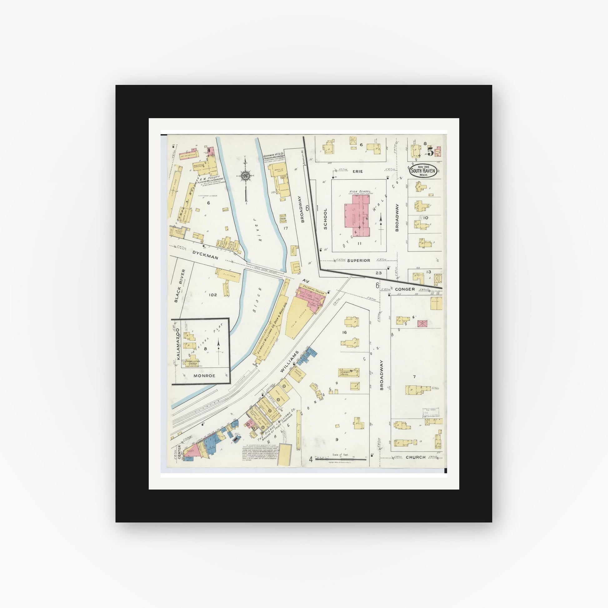 Old map wall art mockup — black gallery frame with white mat — Sanborn Fire Insurance Map from South Haven, Van Buren County, Michigan (1916), Sheet #0005