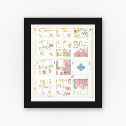 Old map wall art mockup — black gallery frame with white mat — Sanborn Fire Insurance Map from Winterset, Madison County, Iowa (1899), Sheet #0002