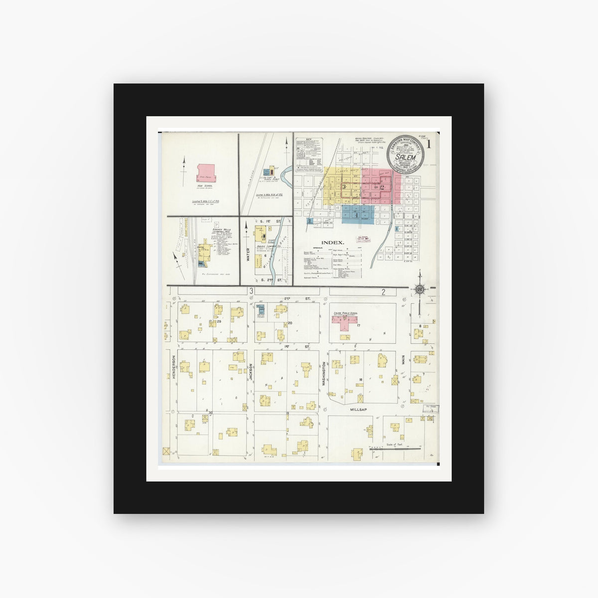 Old map wall art mockup — black gallery frame with white mat — Sanborn Fire Insurance Map from Salem, Dent County, Missouri (1910), Sheet #0001