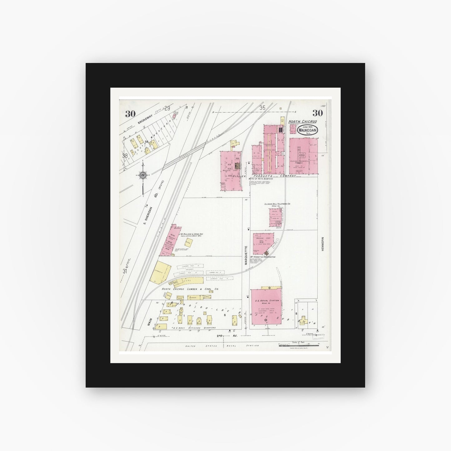 Old map wall art mockup — black gallery frame with white mat — Sanborn Fire Insurance Map from Waukegan, Lake County, Illinois (1924), Sheet #0030