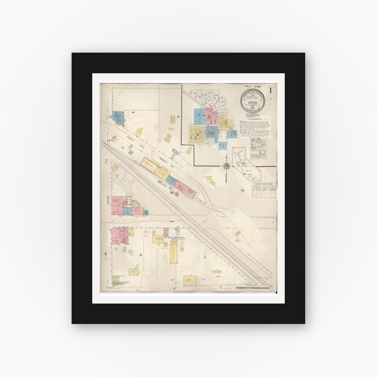 Old map wall art mockup — black gallery frame with white mat — Sanborn Fire Insurance Map from Ripon, San Joaquin County, California (1933) - Complete Map Set