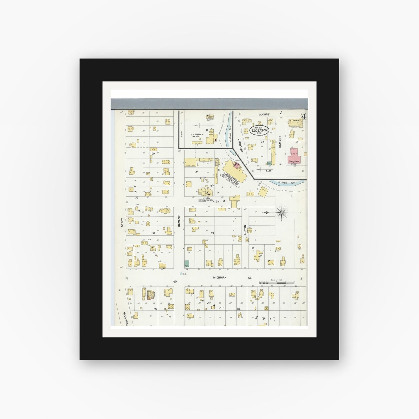 Old map wall art mockup — black gallery frame with white mat — Sanborn Fire Insurance Map from Edgerton, Williams County, Ohio (1901), Sheet #0004