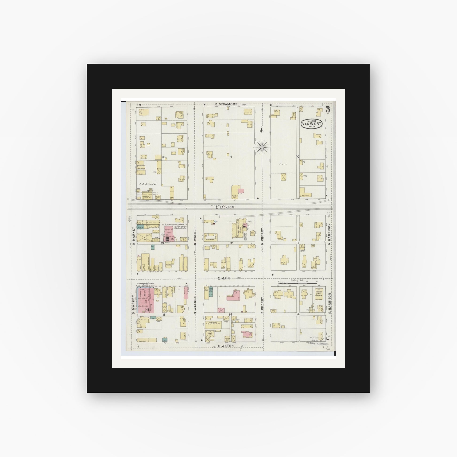 Old map wall art mockup — black gallery frame with white mat — Sanborn Fire Insurance Map from Van Wert, Van Wert County, Ohio (1895), Sheet #0005