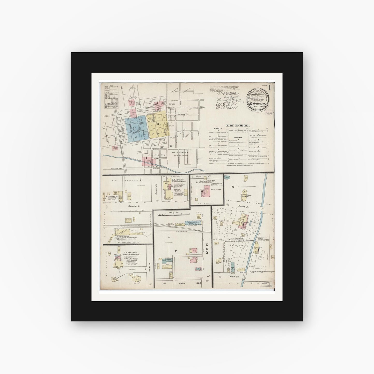 Old map wall art mockup — black gallery frame with white mat — Sanborn Fire Insurance Map from Kendallville, Noble County, Indiana (1886) - Complete Map Set