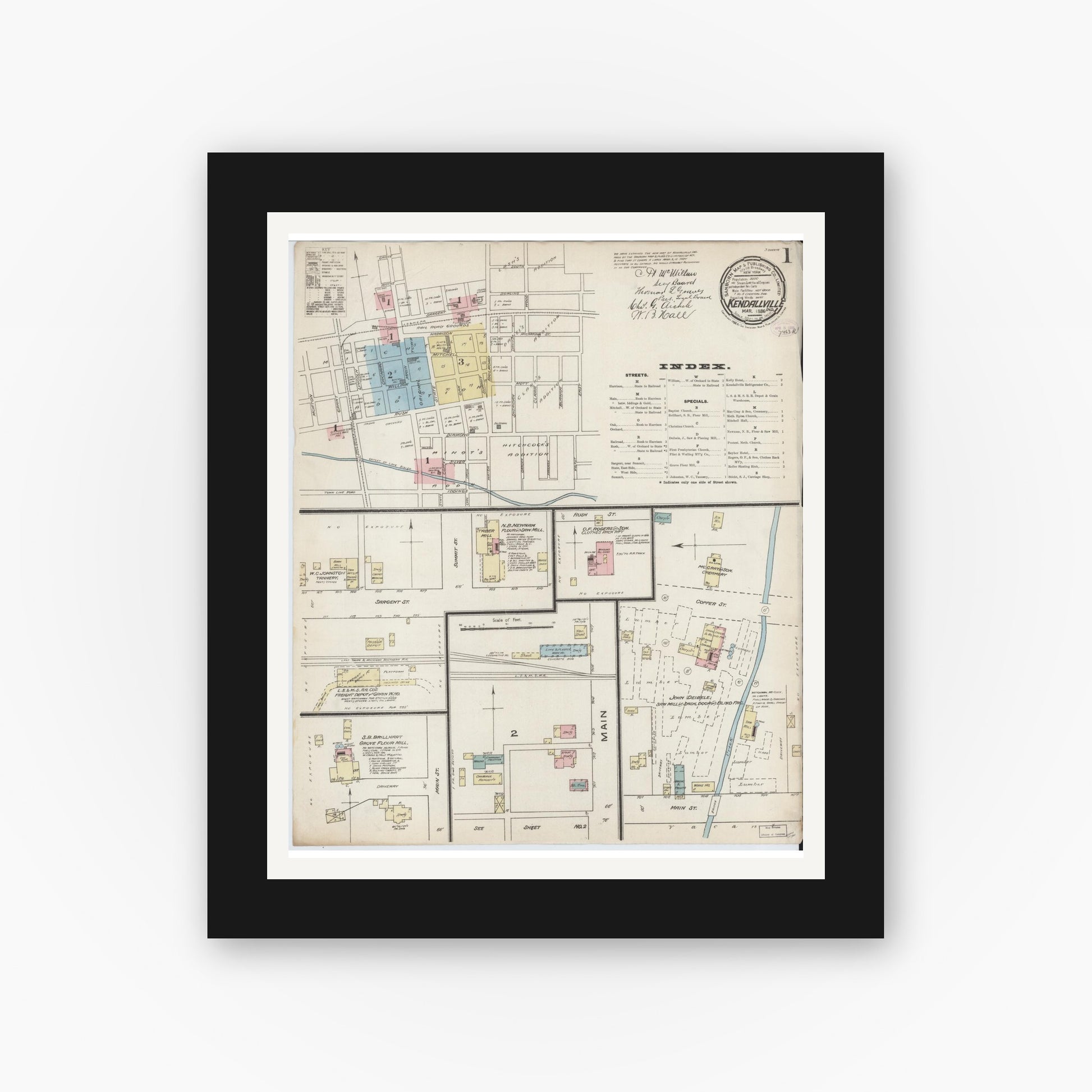Old map wall art mockup — black gallery frame with white mat — Sanborn Fire Insurance Map from Kendallville, Noble County, Indiana (1886) - Complete Map Set