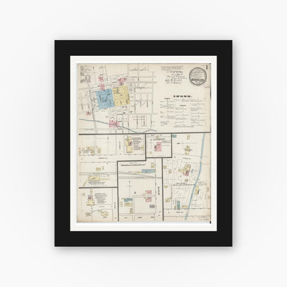 Old map wall art mockup — black gallery frame with white mat — Sanborn Fire Insurance Map from Kendallville, Noble County, Indiana (1886) - Complete Map Set