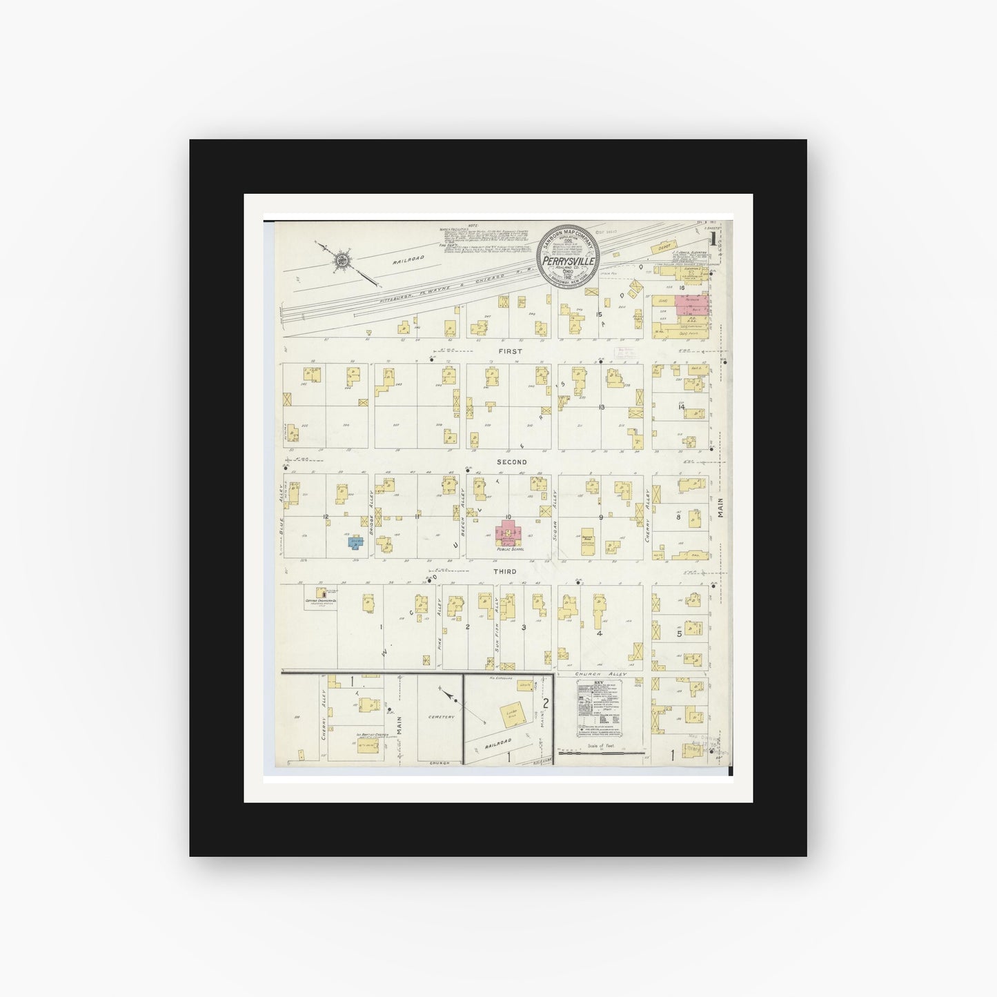 Old map wall art mockup — black gallery frame with white mat — Sanborn Fire Insurance Map from Perrysville, Ashland County, Ohio (1912), Sheet #0001