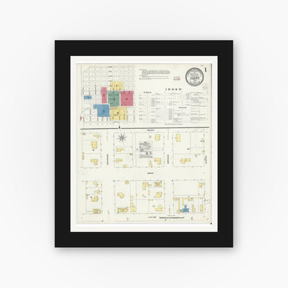 Old map wall art mockup — black gallery frame with white mat — Sanborn Fire Insurance Map from Cuero, De Witt County, Texas (1907) - Complete Map Set