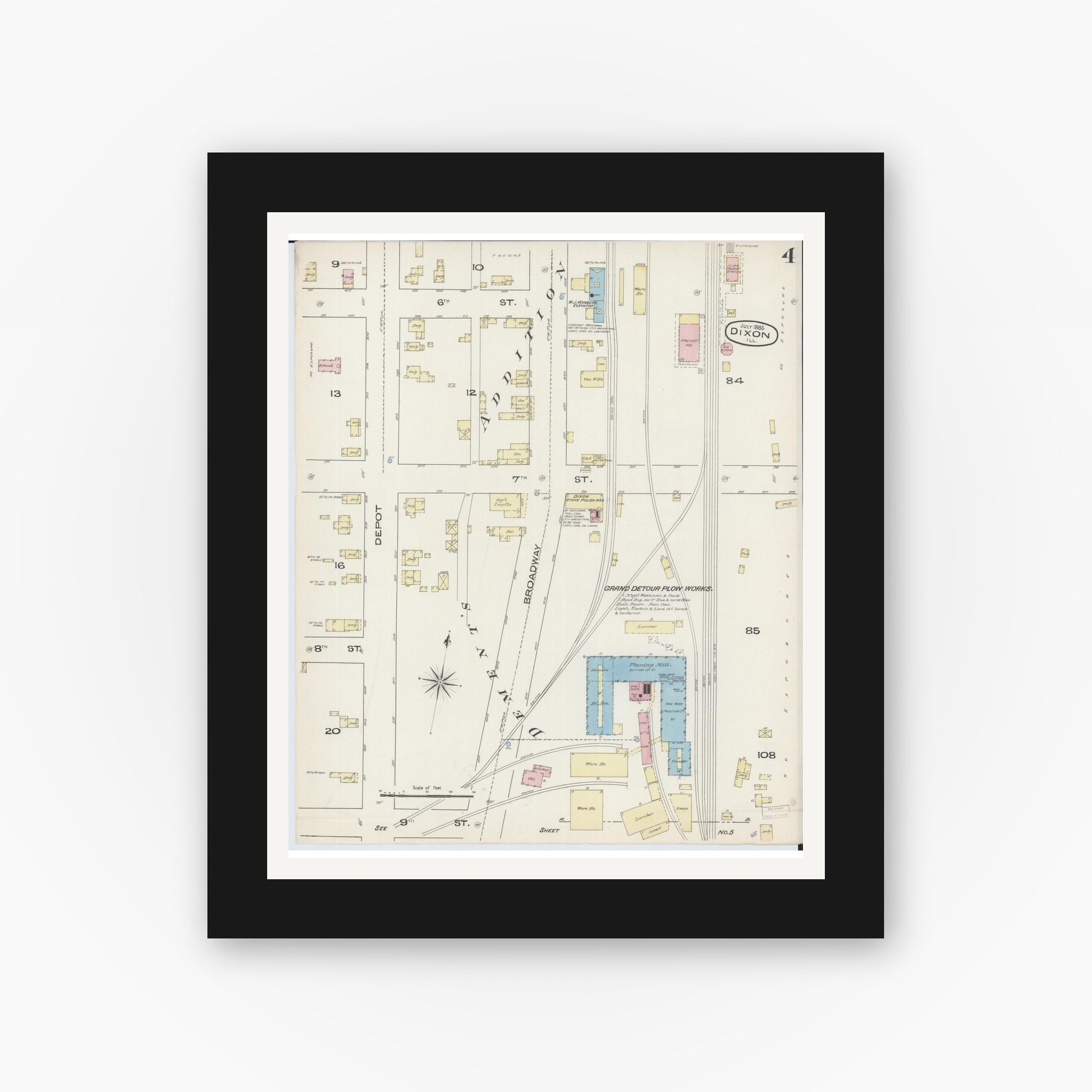 Old map wall art mockup — black gallery frame with white mat — Sanborn Fire Insurance Map from Dixon, Lee County, Illinois (1885), Sheet #0004